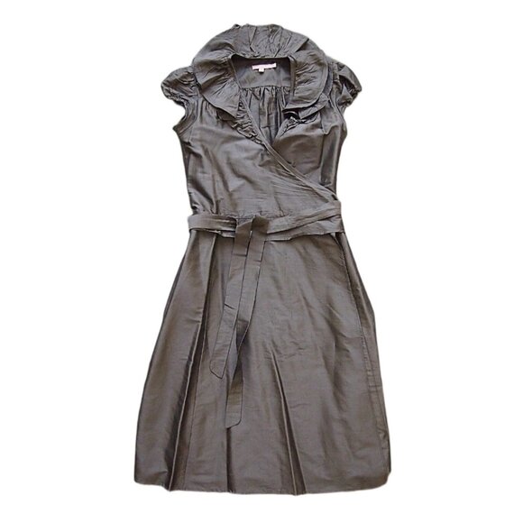 Calypso St Barth Gray Silk Wrap Dress Midi Fit & Flare Ruffle Collar Cap Sleeve - Picture 2 of 9